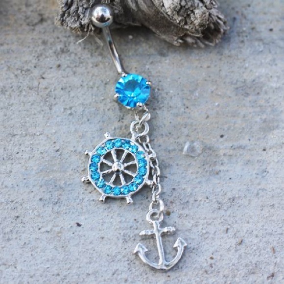 Aqua Ship Wheel & Anchor Dangle Navel Ring - Picture 1 of 3
